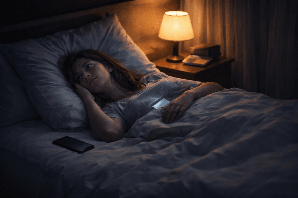 person lying awake in bed at night feeling restless and lonely unable to sleep