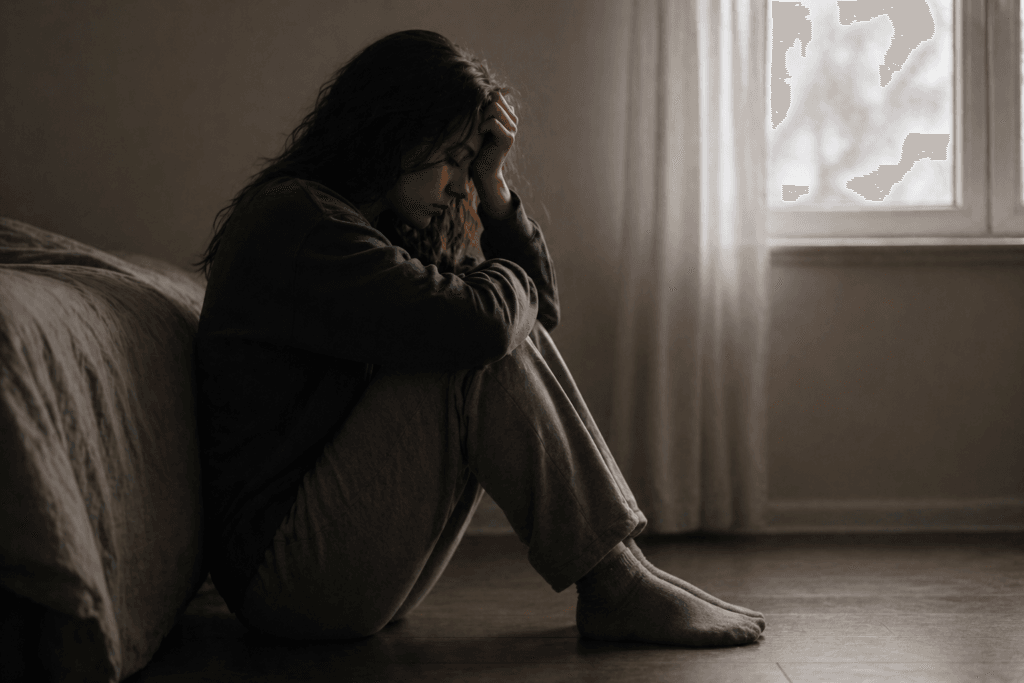 person sitting alone on floor by bed feeling rejected and questioning their self worth and lovability