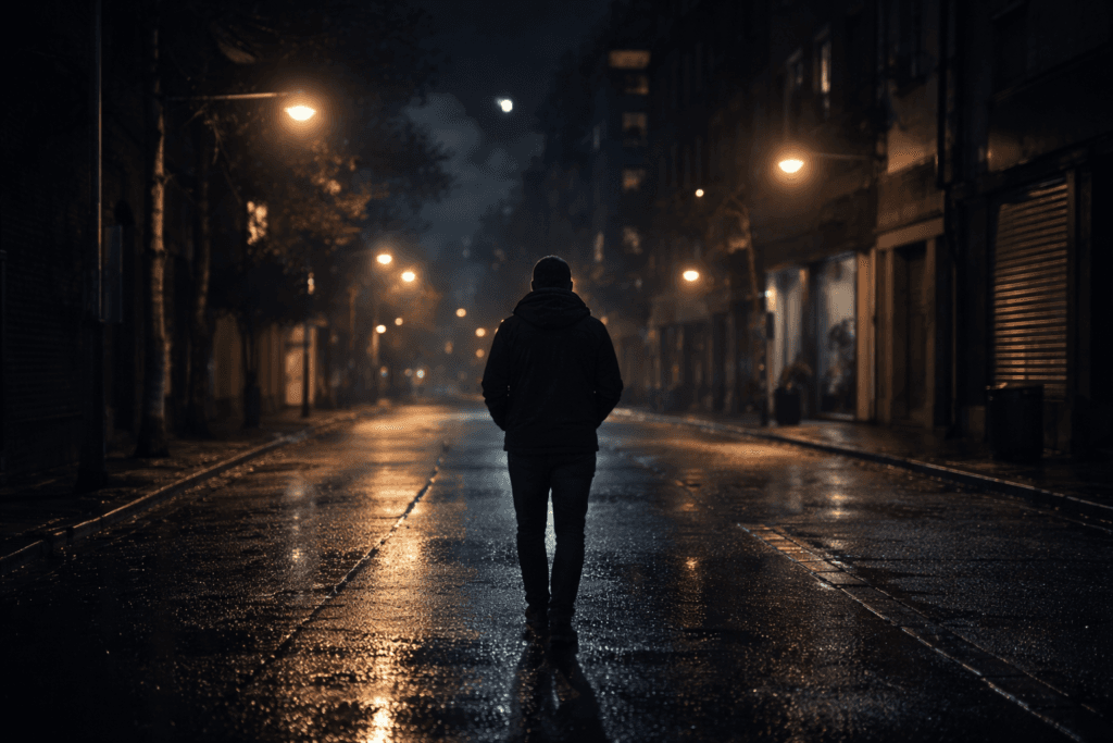 person walking alone at night on empty street representing loneliness and emotional isolation