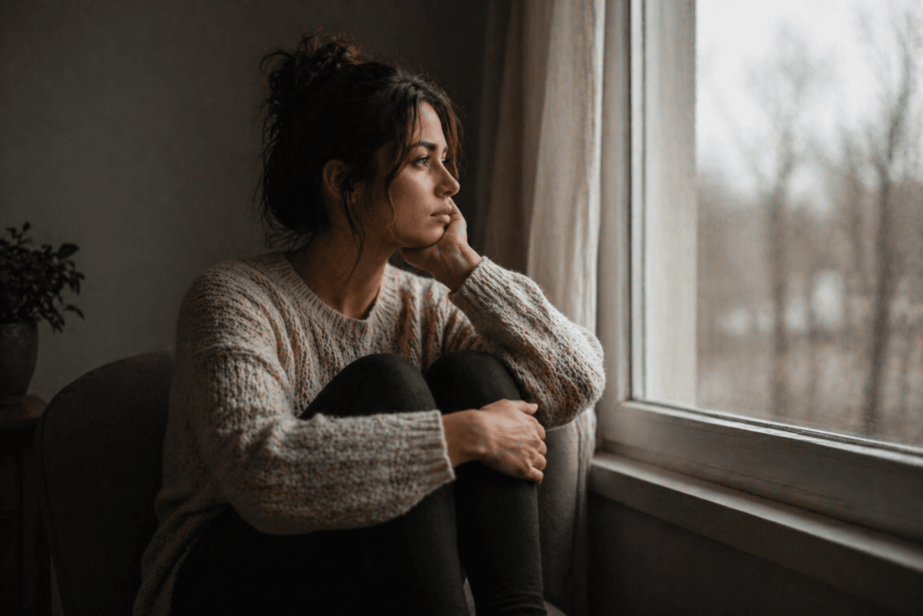 person sitting by window reflecting on rejection and questioning their self worth and beliefs about being hard to love