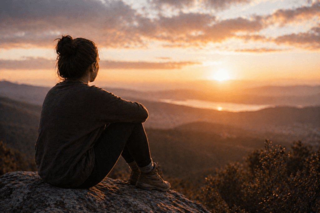 person sitting on overlook at sunset reflecting on self worth and realizing they are not hard to love