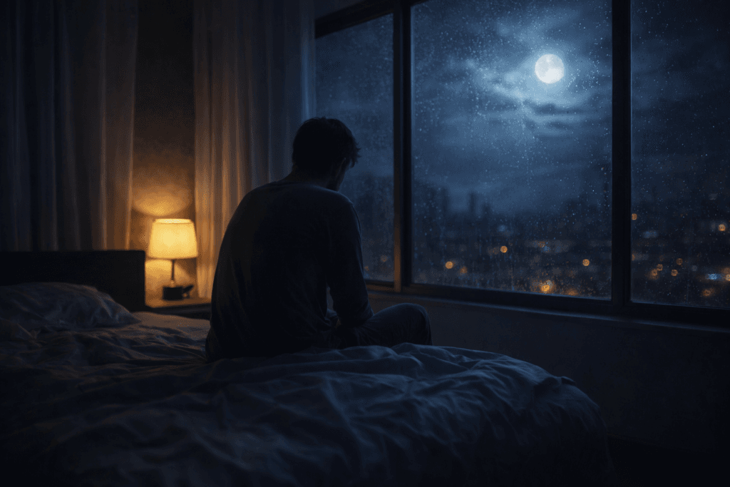 person sitting alone on bed at night looking out window showing why loneliness is worse at night