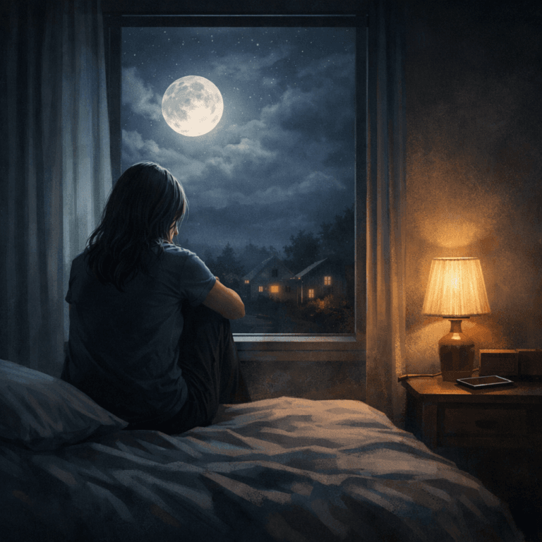woman sitting alone on bed at night looking out window illustrating why loneliness is worse at night