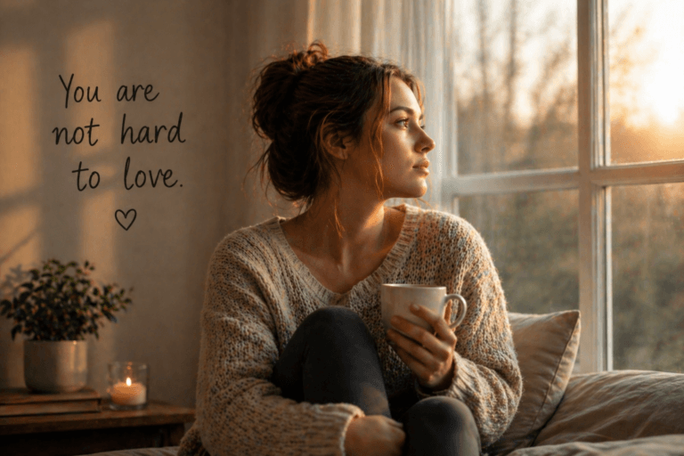 woman sitting by window holding a cup reflecting on self worth and healing after rejection you are not hard to love